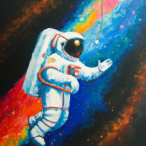 an oil painting with an astronaut leaving earth floating through space